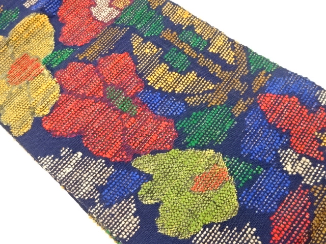 手織り真綿紬花々模様織出し名古屋帯